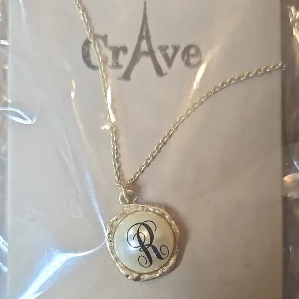 CrAve Initial Necklace "R", Gold tone/Faux Pearl, NEW